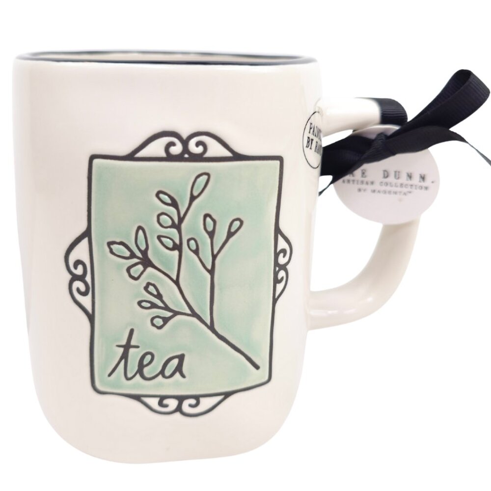 Rae Dunn "tea" Botanical Black Rimmed White Ceramic Coffee Mug
